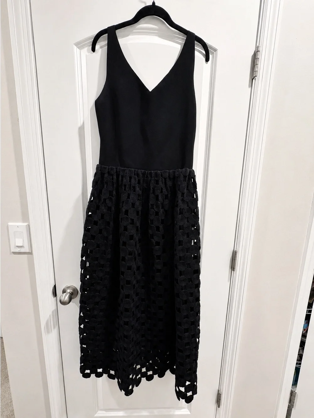 Tory Burch Black V-Neck Midi Dress with Lace-Crochet Skirt